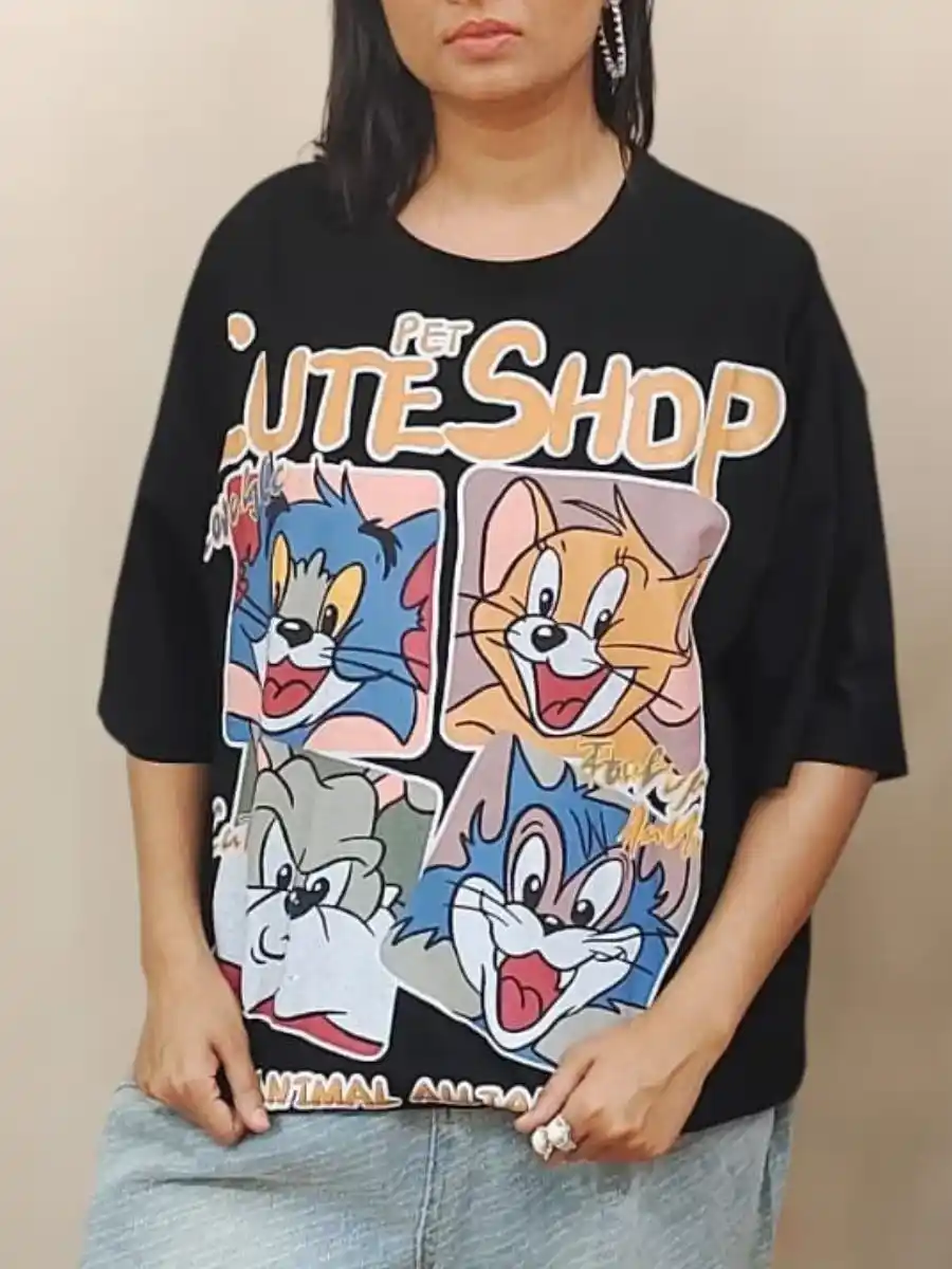 ModaFesta -elegant-tom-and-jerry-print-tshirt-black