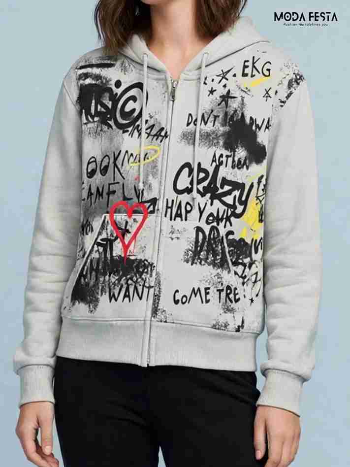 ModaFesta -graffiti-print-zip-front-hooded-sweatshirt