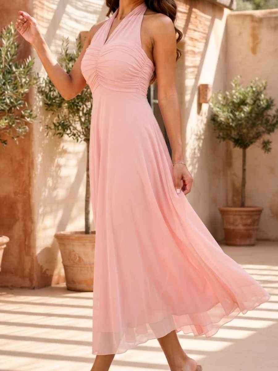 ModaFesta -blush-halter-neck-ruched-chiffon-midi-dress