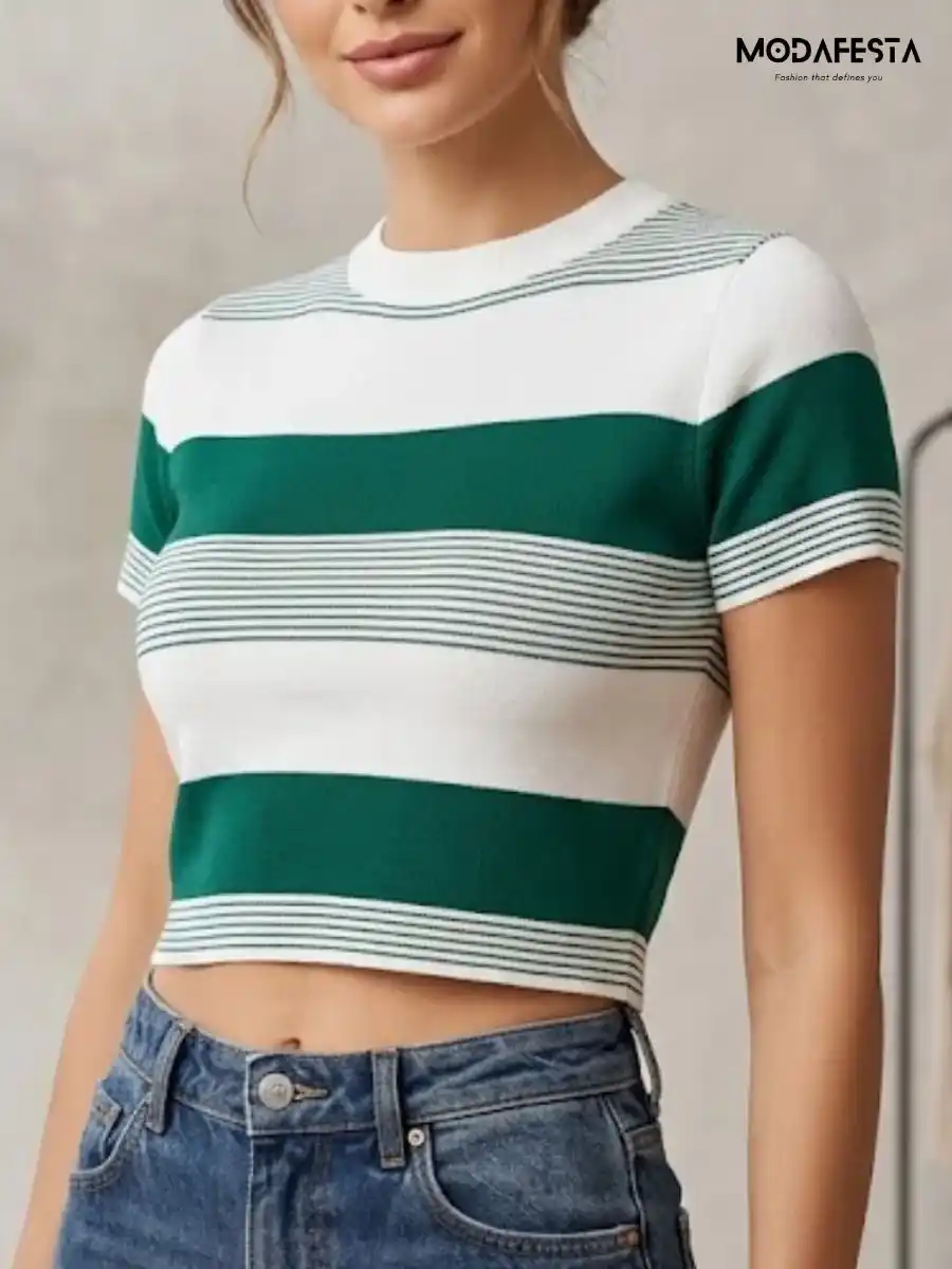 Elegant Green And White Striped Crop T Shirt