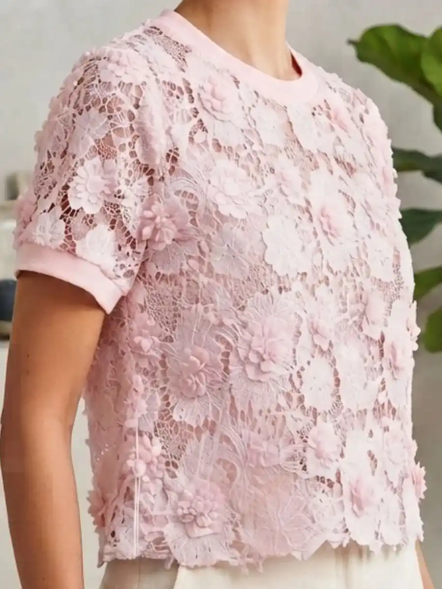 ModaFesta -pink-floral-applique-lace-crew-neck-top