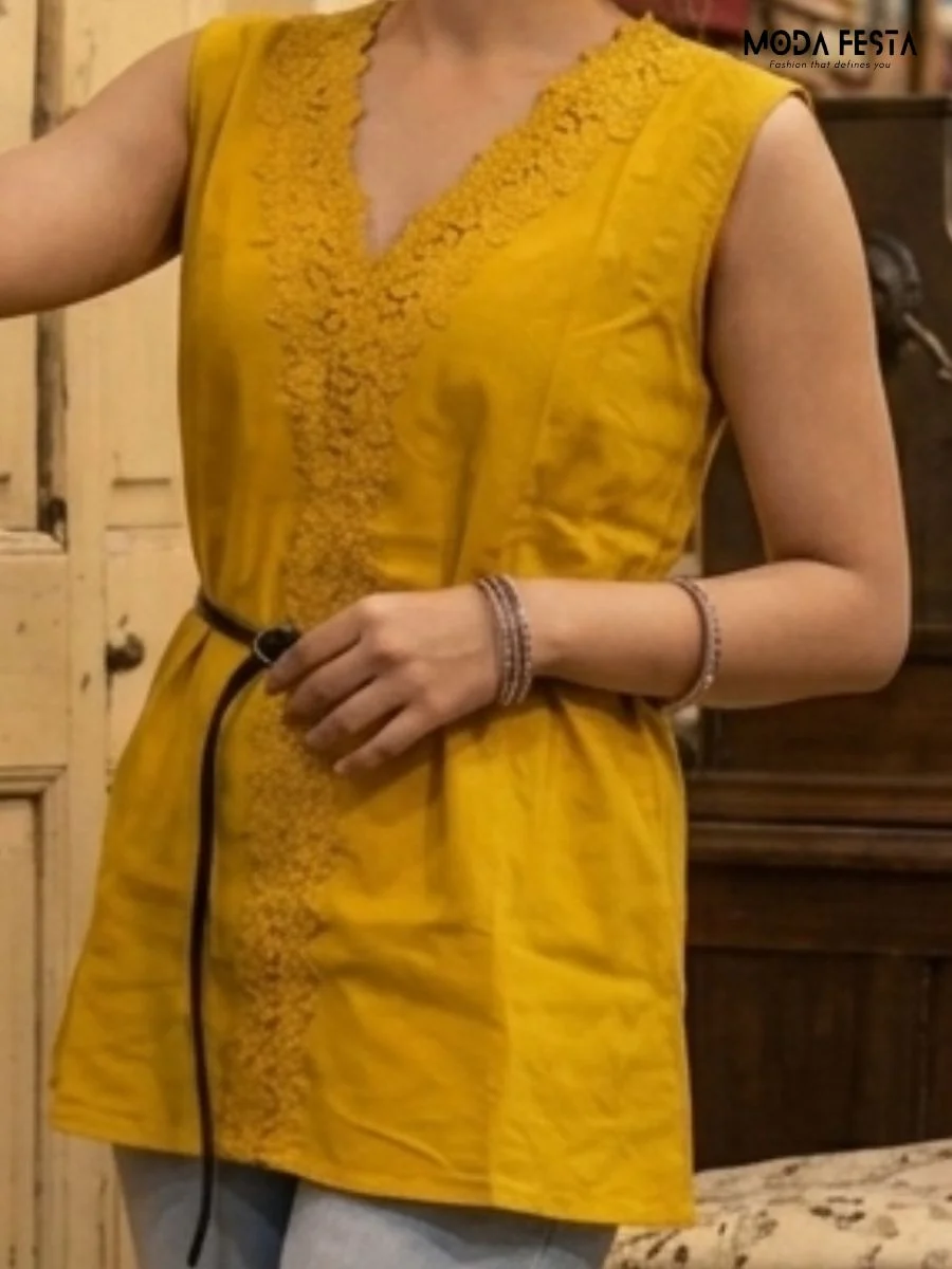 ModaFesta -mustard-yellow-sleeveless-tunic-with-lace-trim