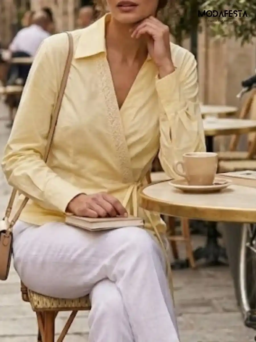 ModaFesta -elegant-v-neck-embellished-wrap-top-yellow