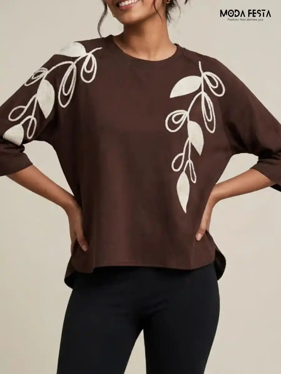 Elegant Brown Embroidered Leaf Motif Top