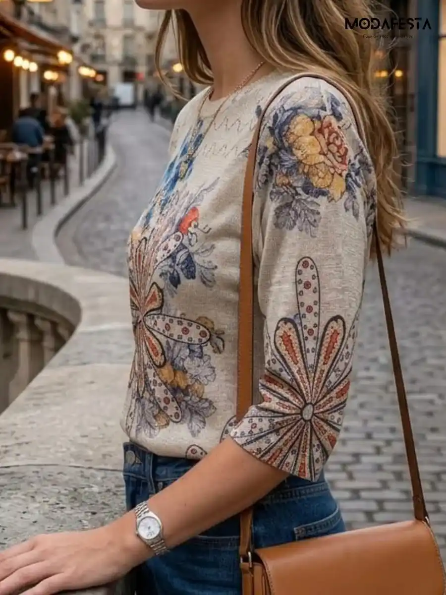 ModaFesta -elegant-shiney-floral-graphic-print-top-2-beige
