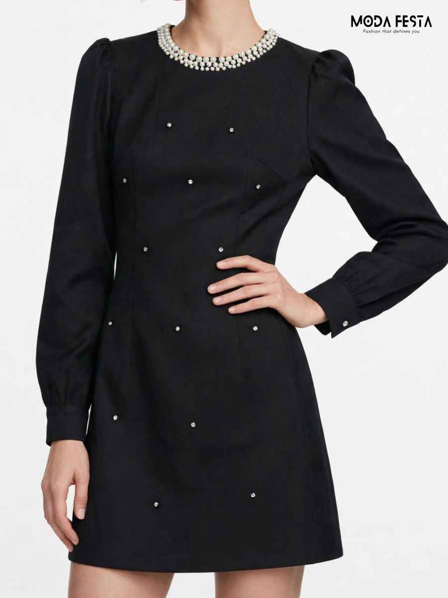 ModaFesta -black-pearl-embellished-high-neck-long-sleeve-mini-dress