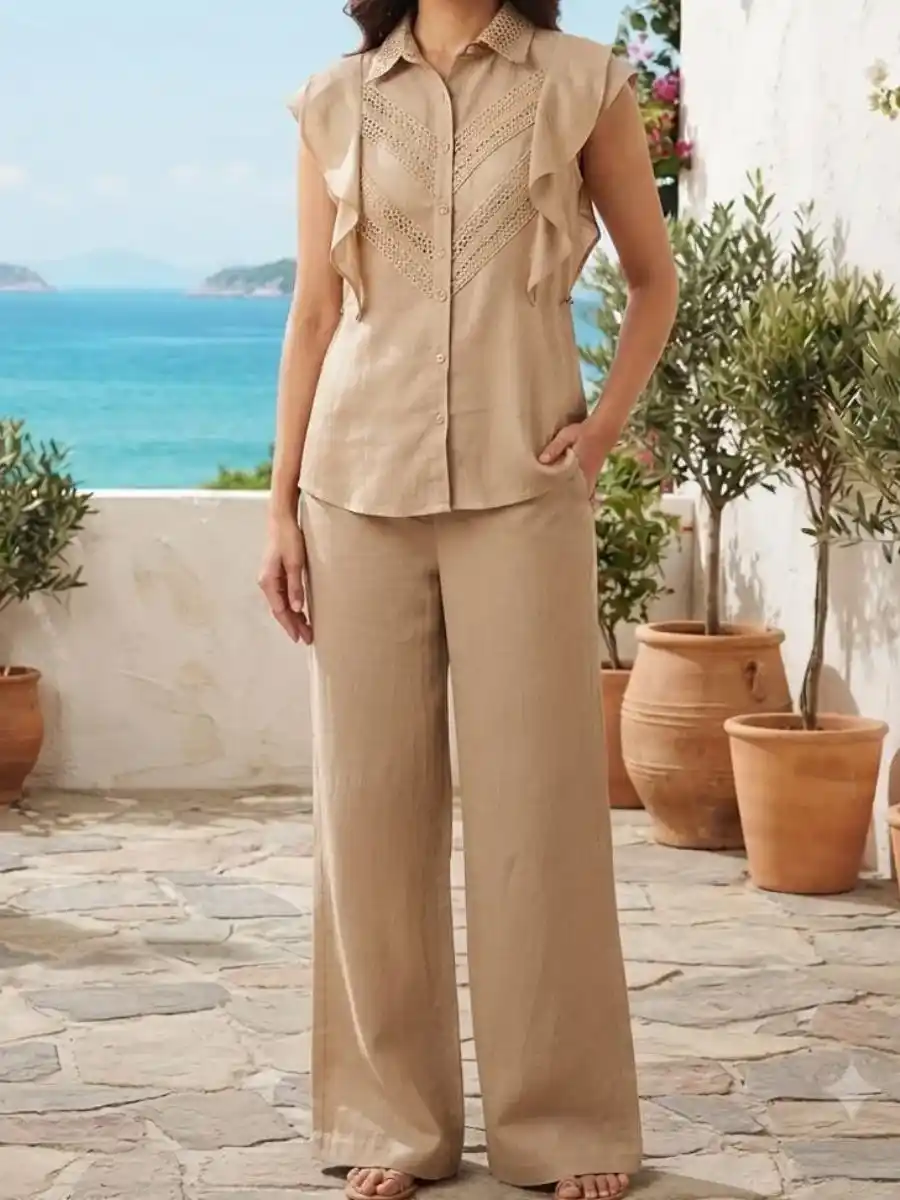 Khaki Ruffled Lace-Trimmed Top and Wide-Leg Co-ord Set
