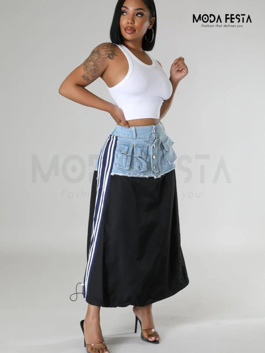 Denim Two Side Strip Skirt