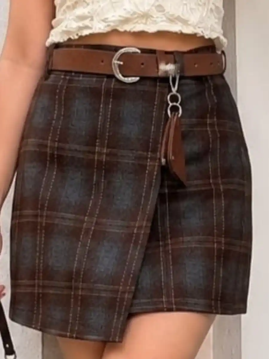 Brown Plaid Wrap Mini Skirt with Belt