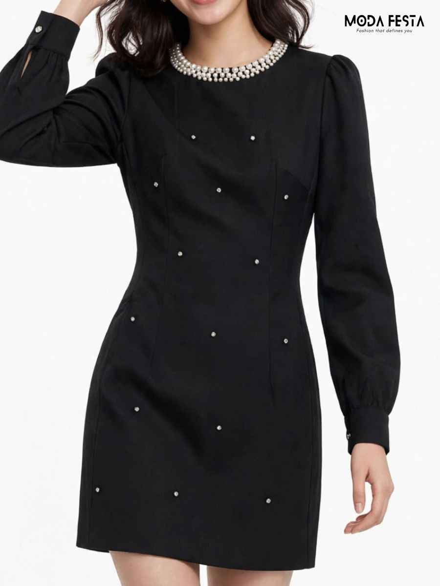 ModaFesta -black-pearl-embellished-high-neck-long-sleeve-mini-dress
