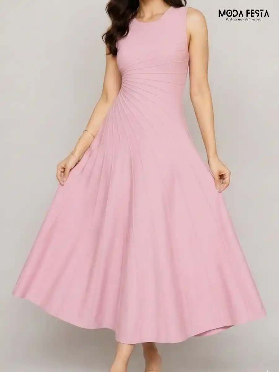 ModaFesta -elegant-pink-pleated-sleeveless-midi-dress