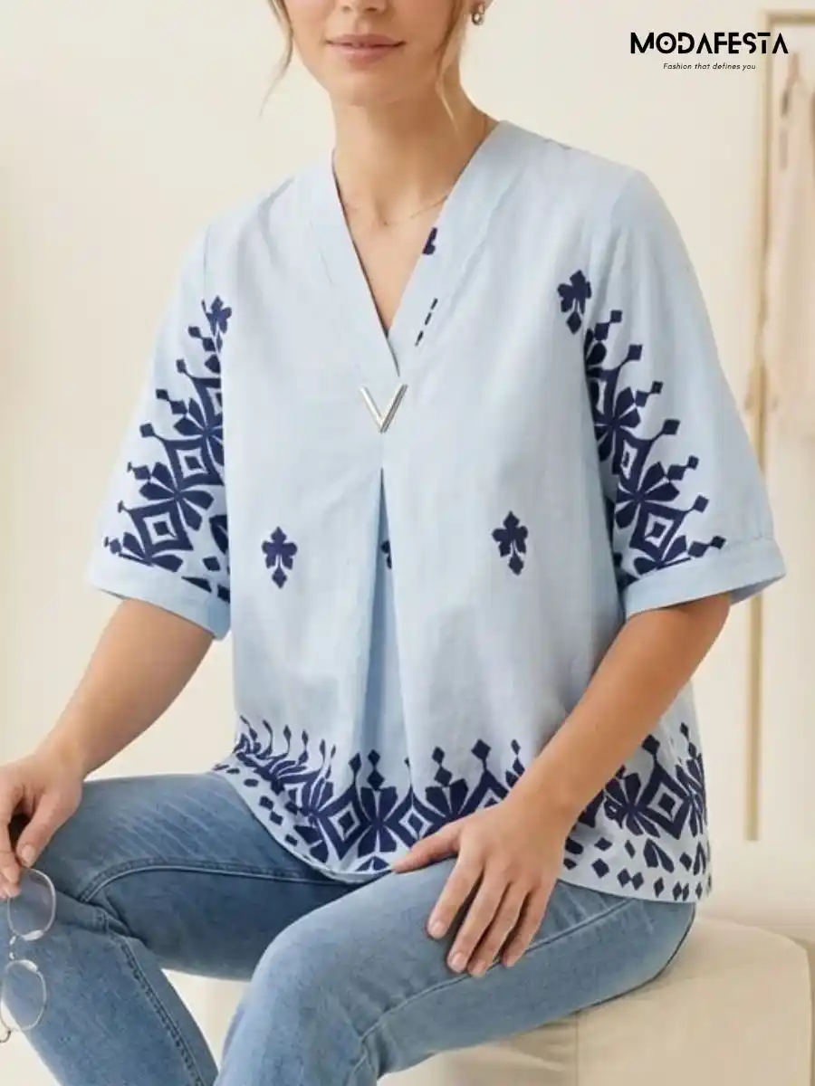 ModaFesta -classy-thread-embroidered-v-necck-top-sky-blue