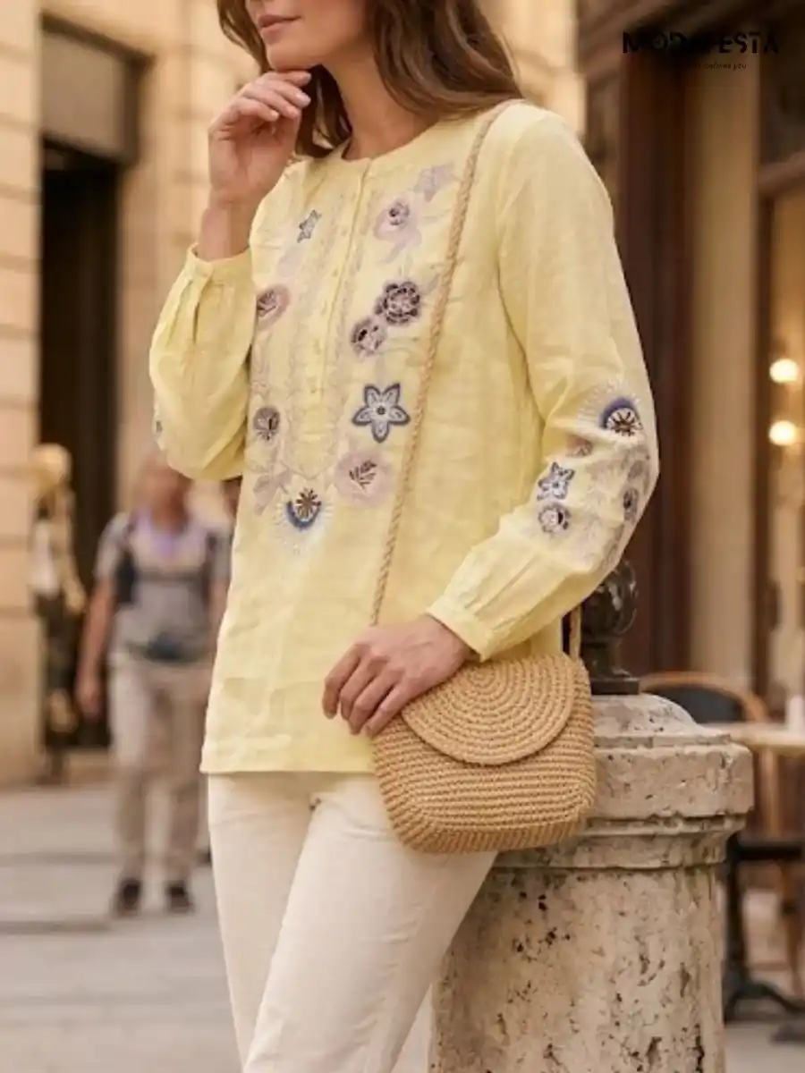ModaFesta -elegant-floral-linen-kurti-style-top-yellow