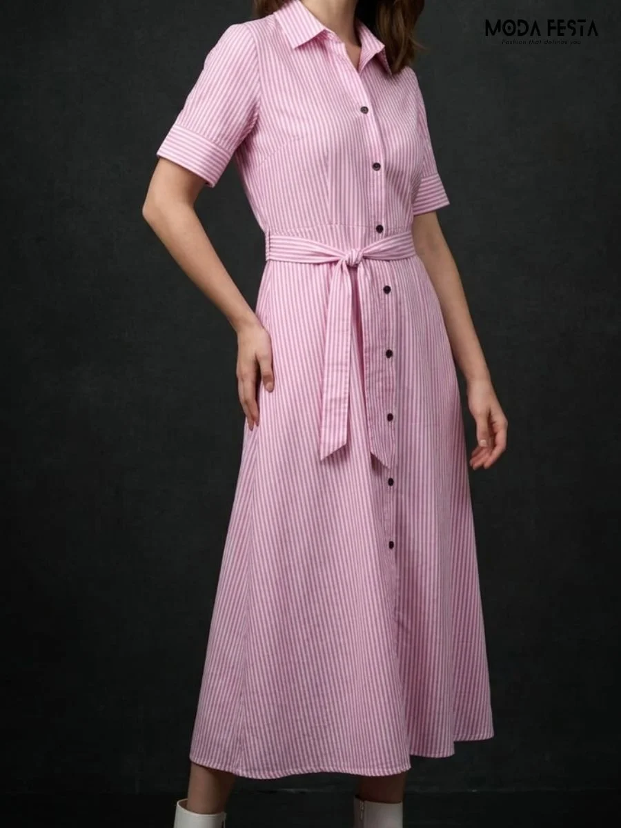 ModaFesta -pink-and-white-vertical-striped-shir-dress