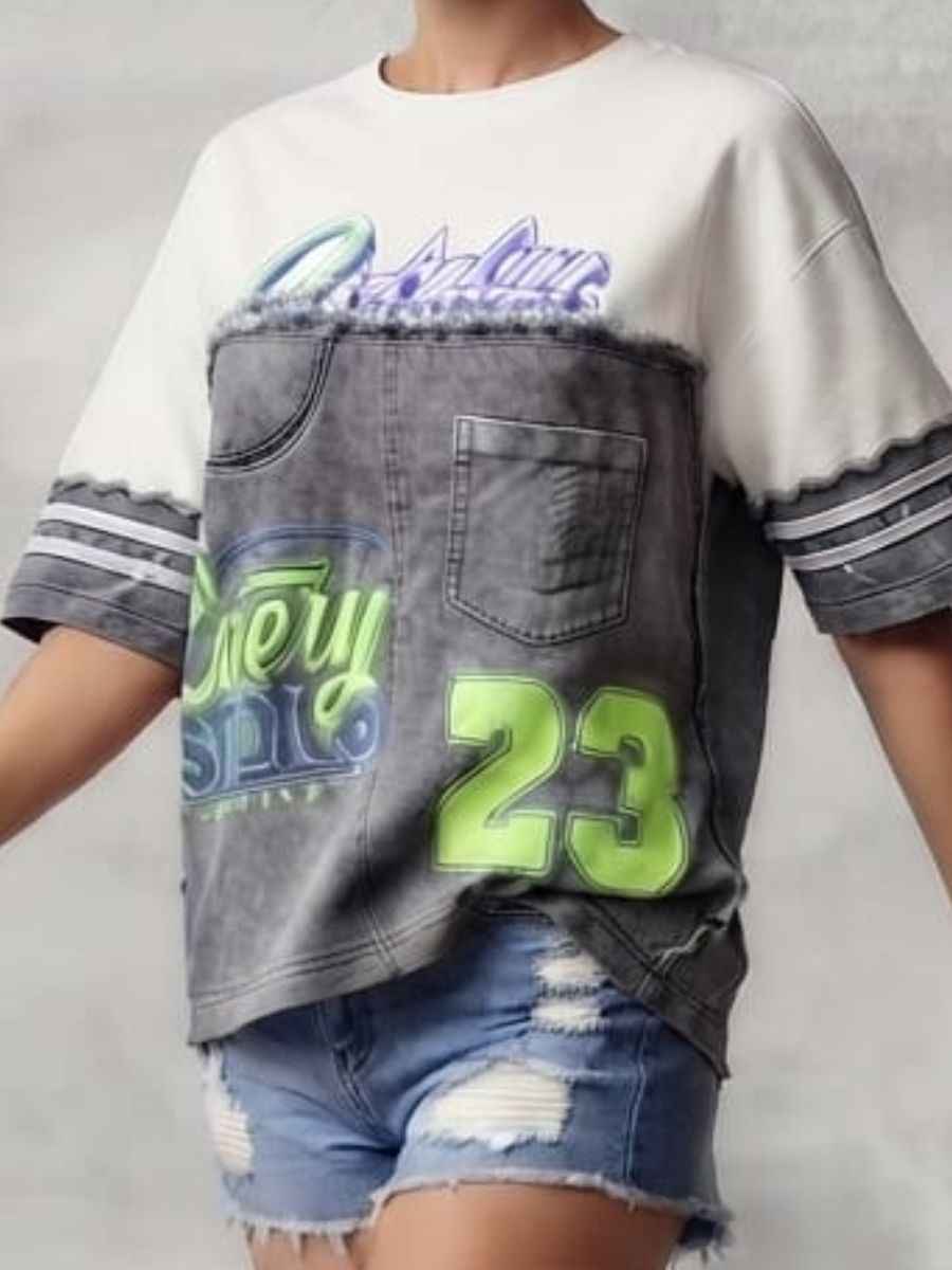 ModaFesta -grey-white-patchwork-denim-graphic-statement-top