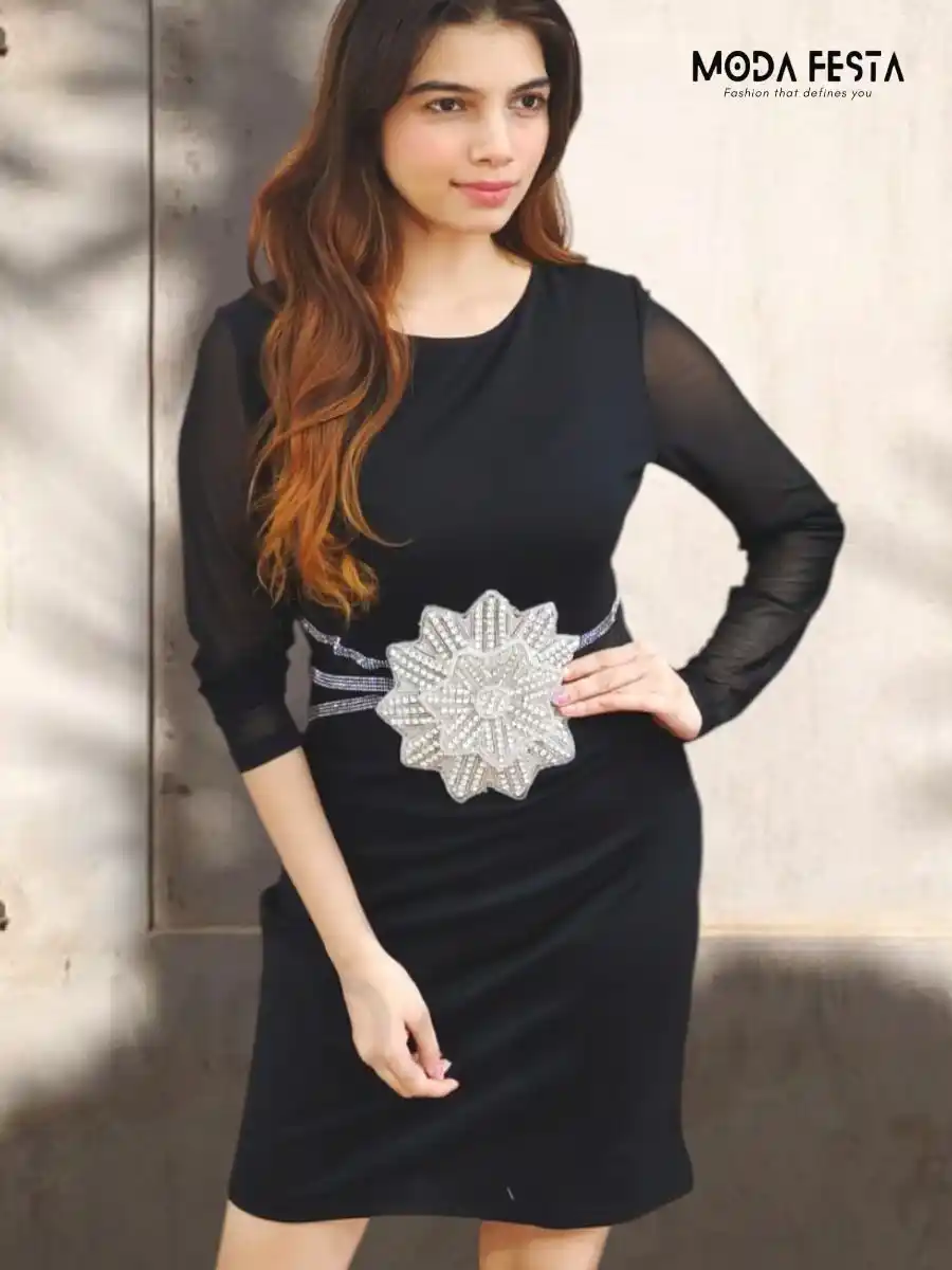 ModaFesta -diamond-flower-waist-cinched-black-party-wear-dress