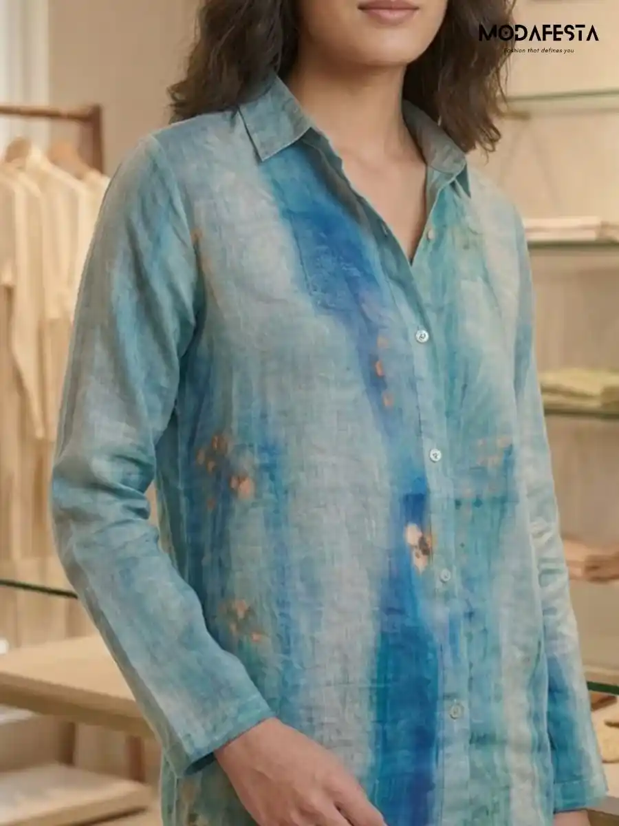 ModaFesta -elegant-abstract-print-linen-shirt-blue