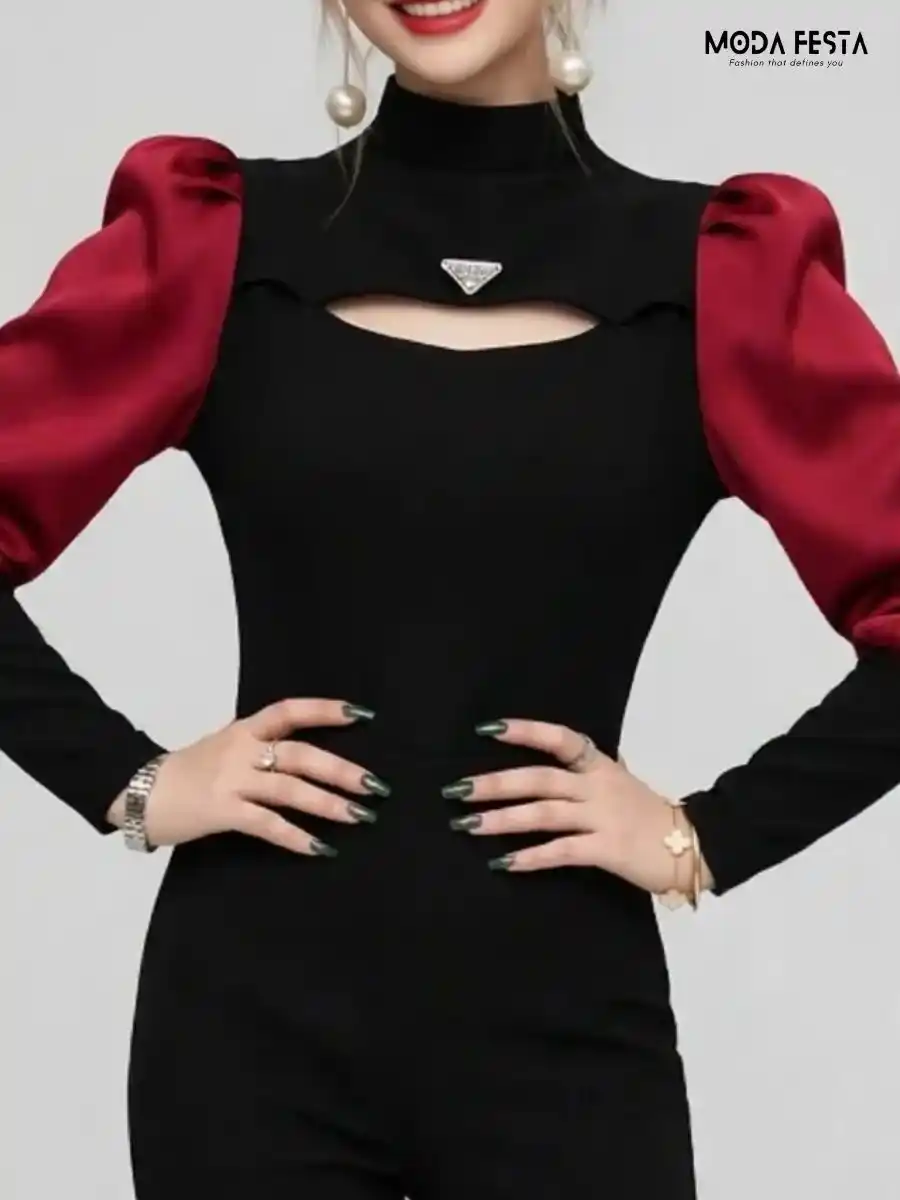 ModaFesta -black-maroon-cut-out-mock-neck-top