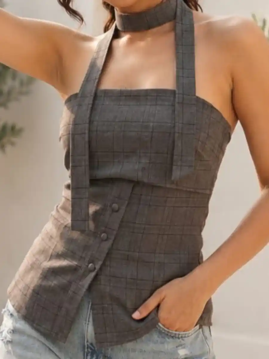 Grey Plaid Halter Neck Asymmetrical Top