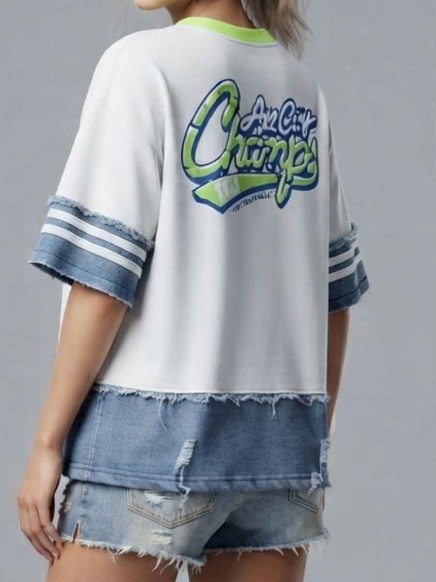 ModaFesta -grey-white-patchwork-denim-graphic-statement-top