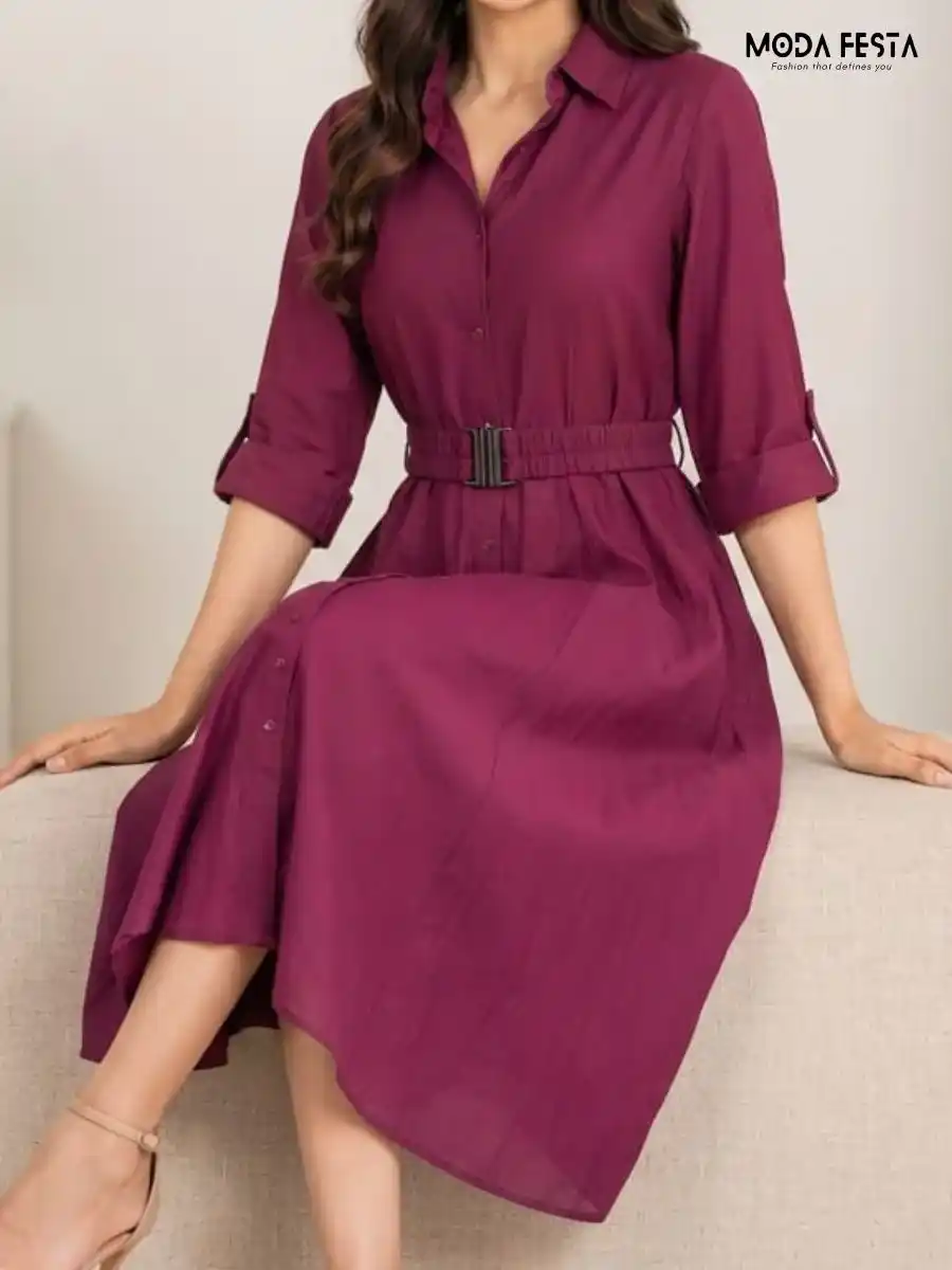 ModaFesta -magenta-solid-shirt-dress-with-matching-belt