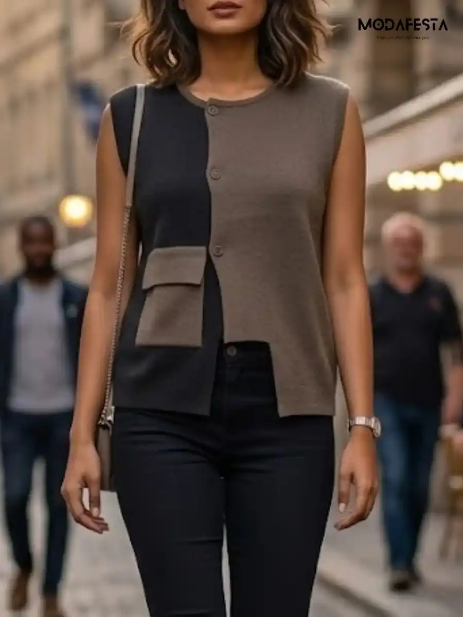 Elegant Knit Vest Two Tone Design Top