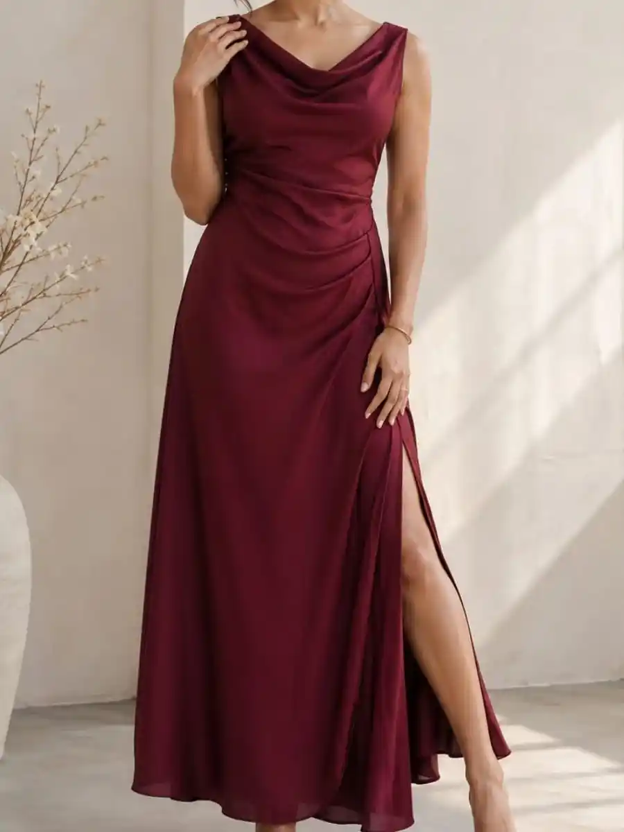 Maroon Cowl Neck Ruched Slit Maxi Dress