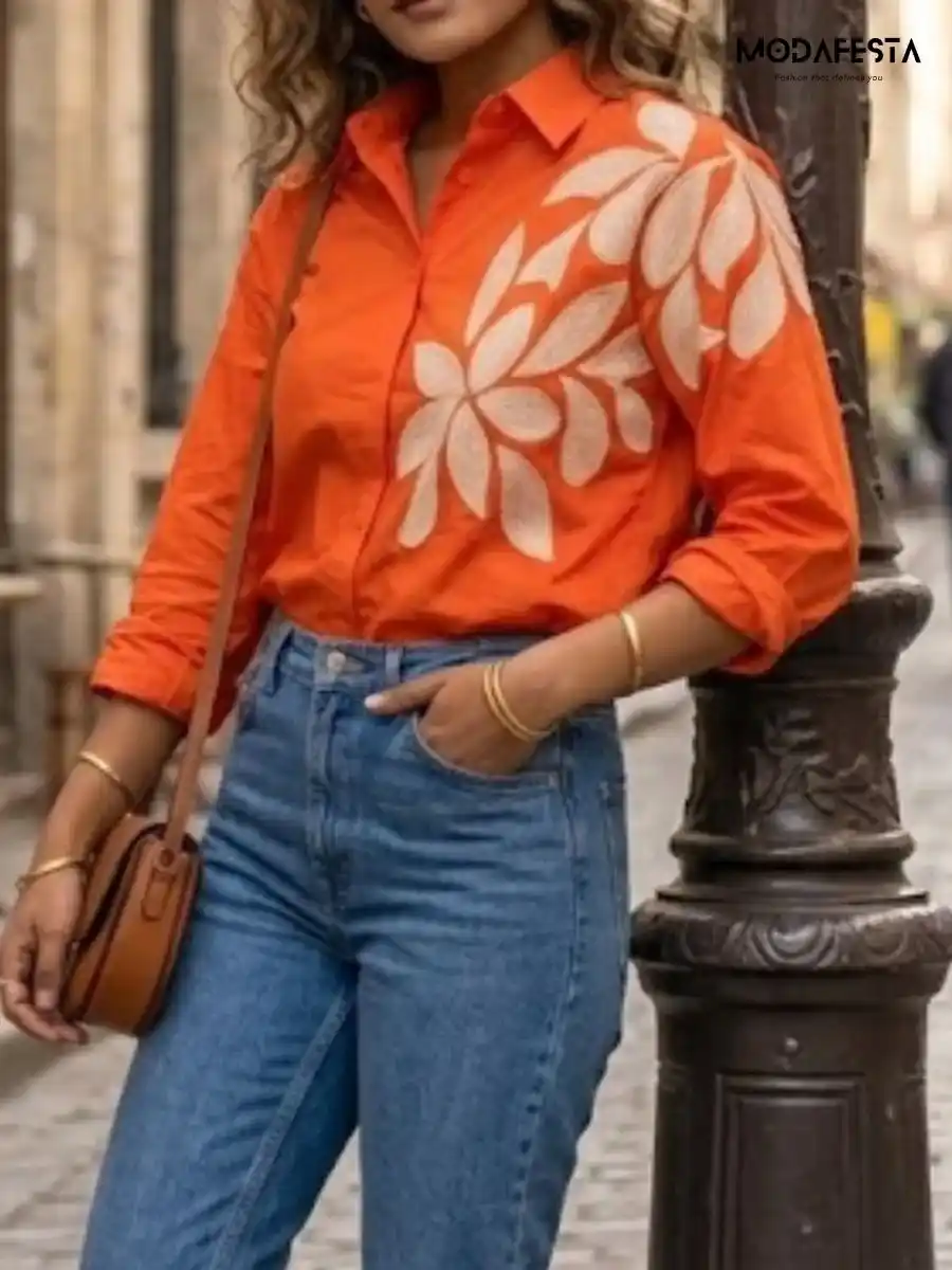 ModaFesta -elegant-floral-print-shirt-work-on-shoulder-orange
