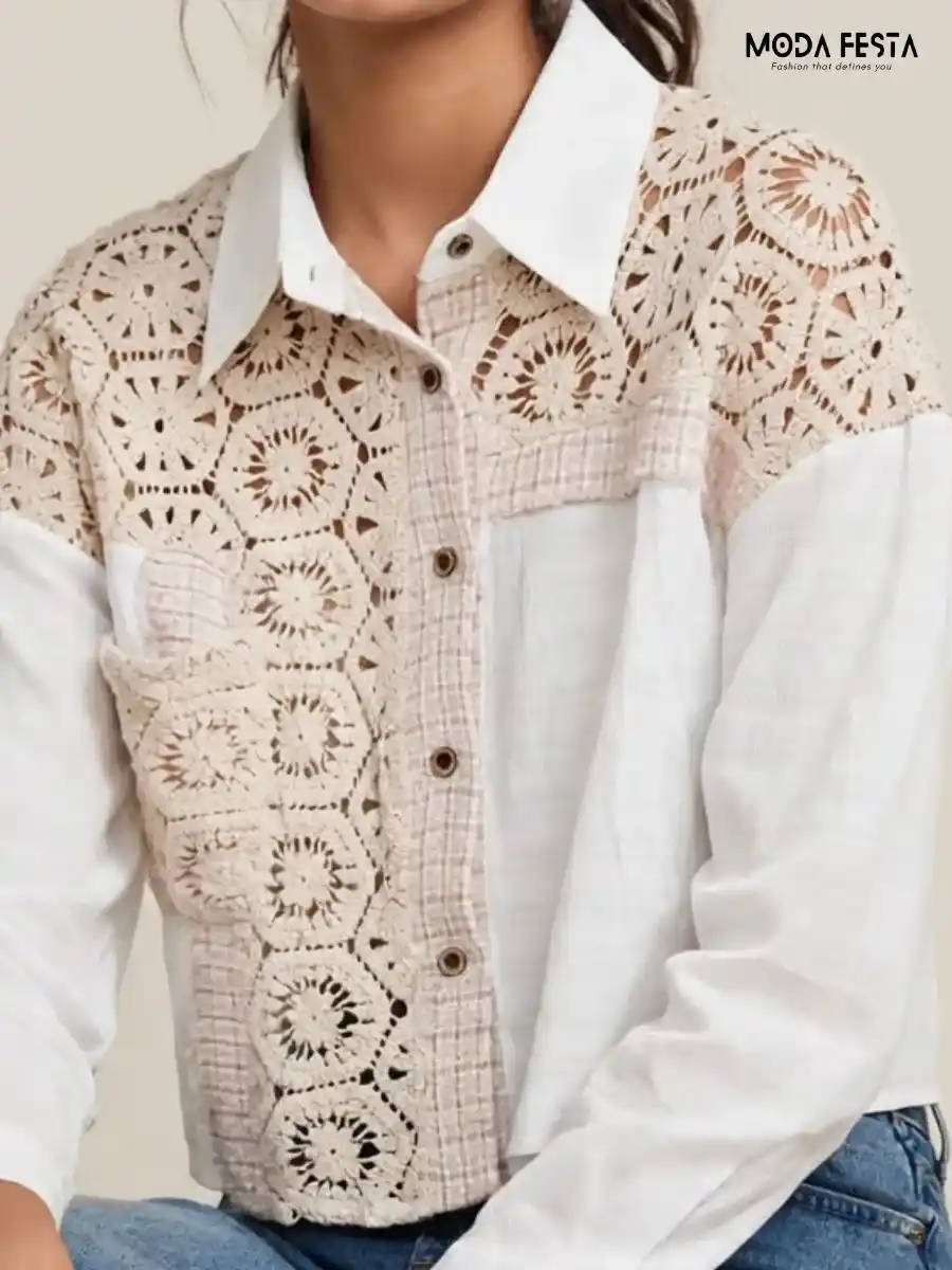 ModaFesta -crochet-patchwork-button-down-shirt