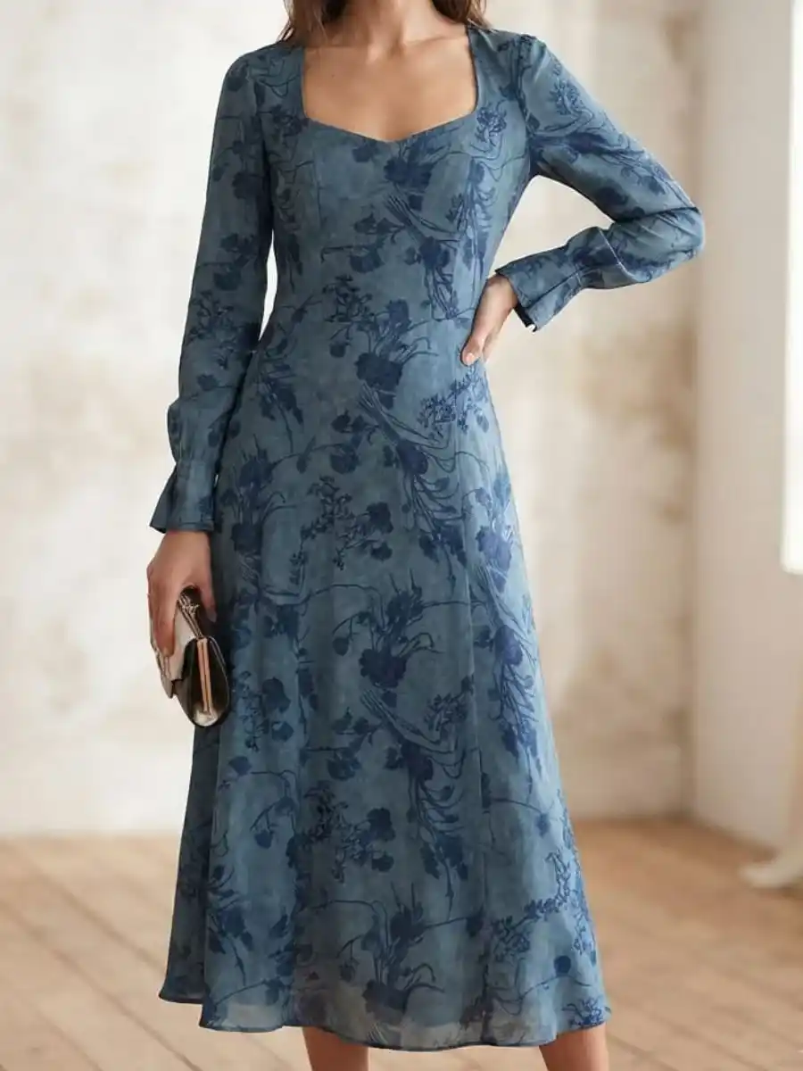 Blue Floral Devore Midi Dress