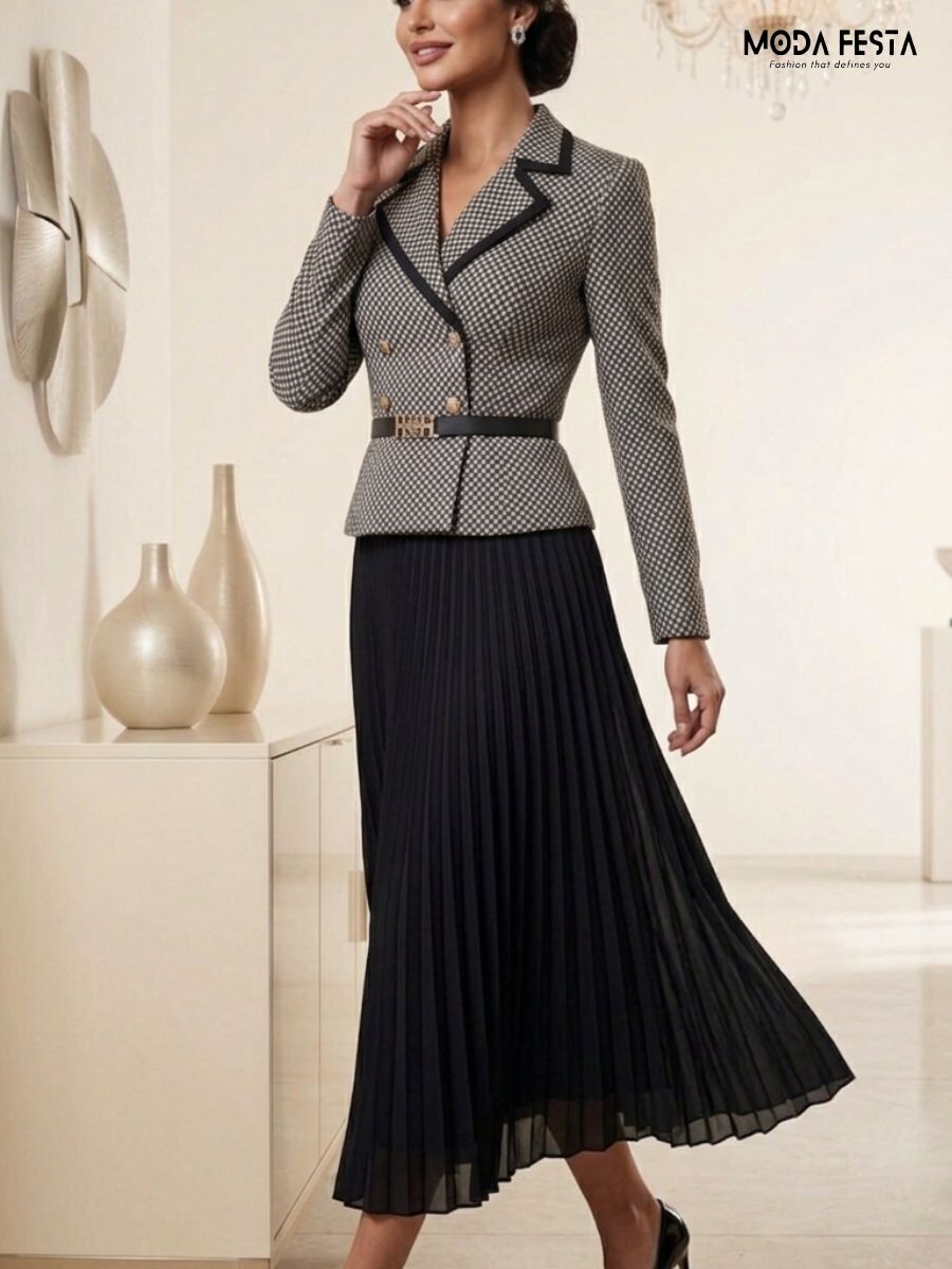 ModaFesta -houndstooth-pleated-blazer-dress