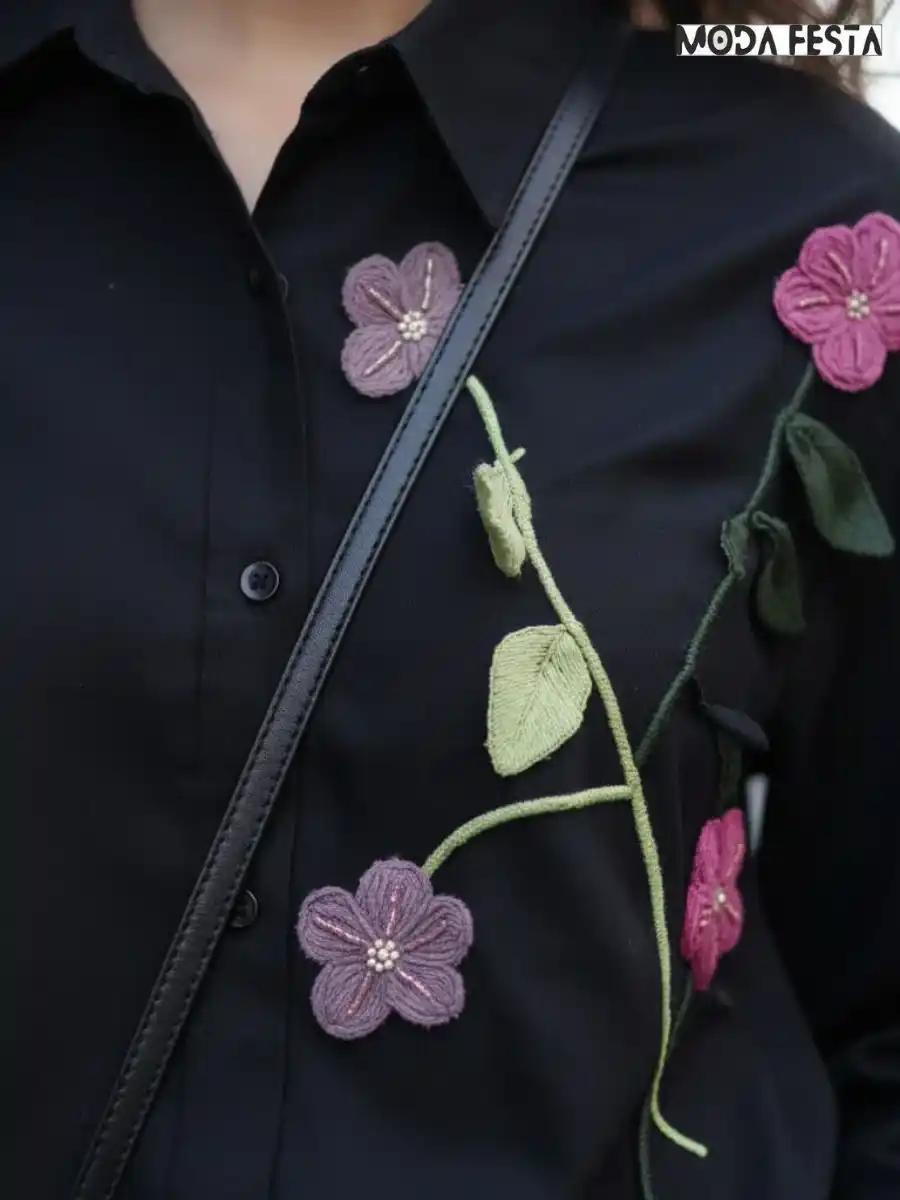 ModaFesta -elegant-cute-flower-long-shirt-black