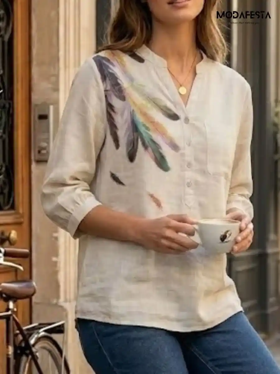 ModaFesta -elegant-linen-top-feather-print-beige