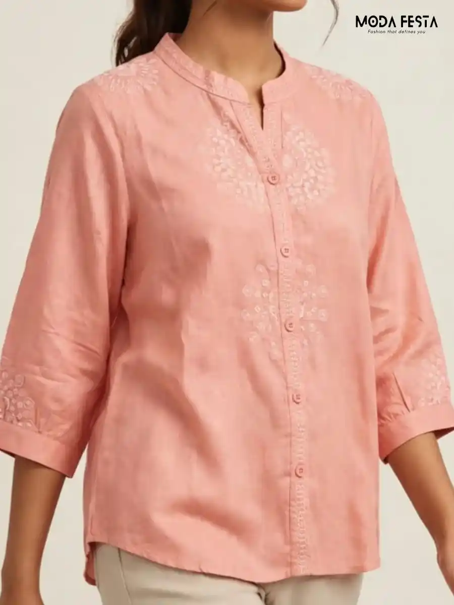 ModaFesta -peach-embroidered-mandarin-collar-button-down-top