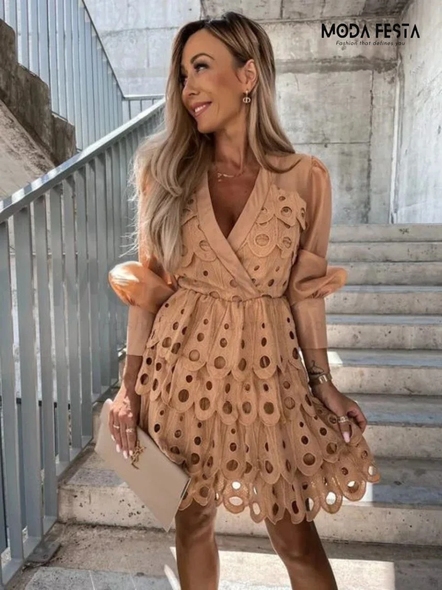 ModaFesta -retro-hollow-out-ruffle-dress-brown