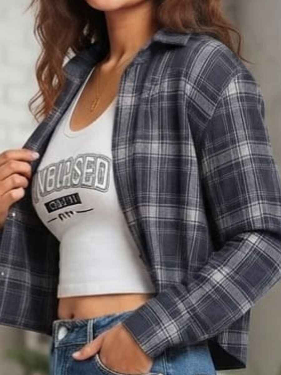 ModaFesta -unbiased-graphic-white-crop-top-plaid-jacket-set