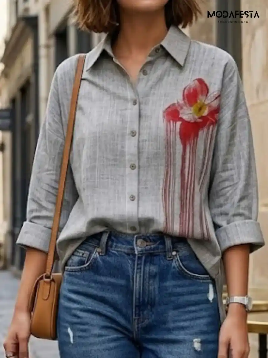 ModaFesta -classy-graphic-floral-long-shirt-grey