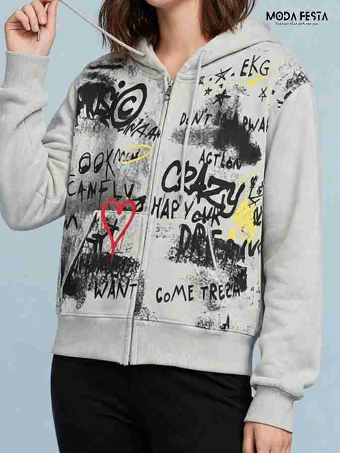 ModaFesta -graffiti-print-zip-front-hooded-sweatshirt
