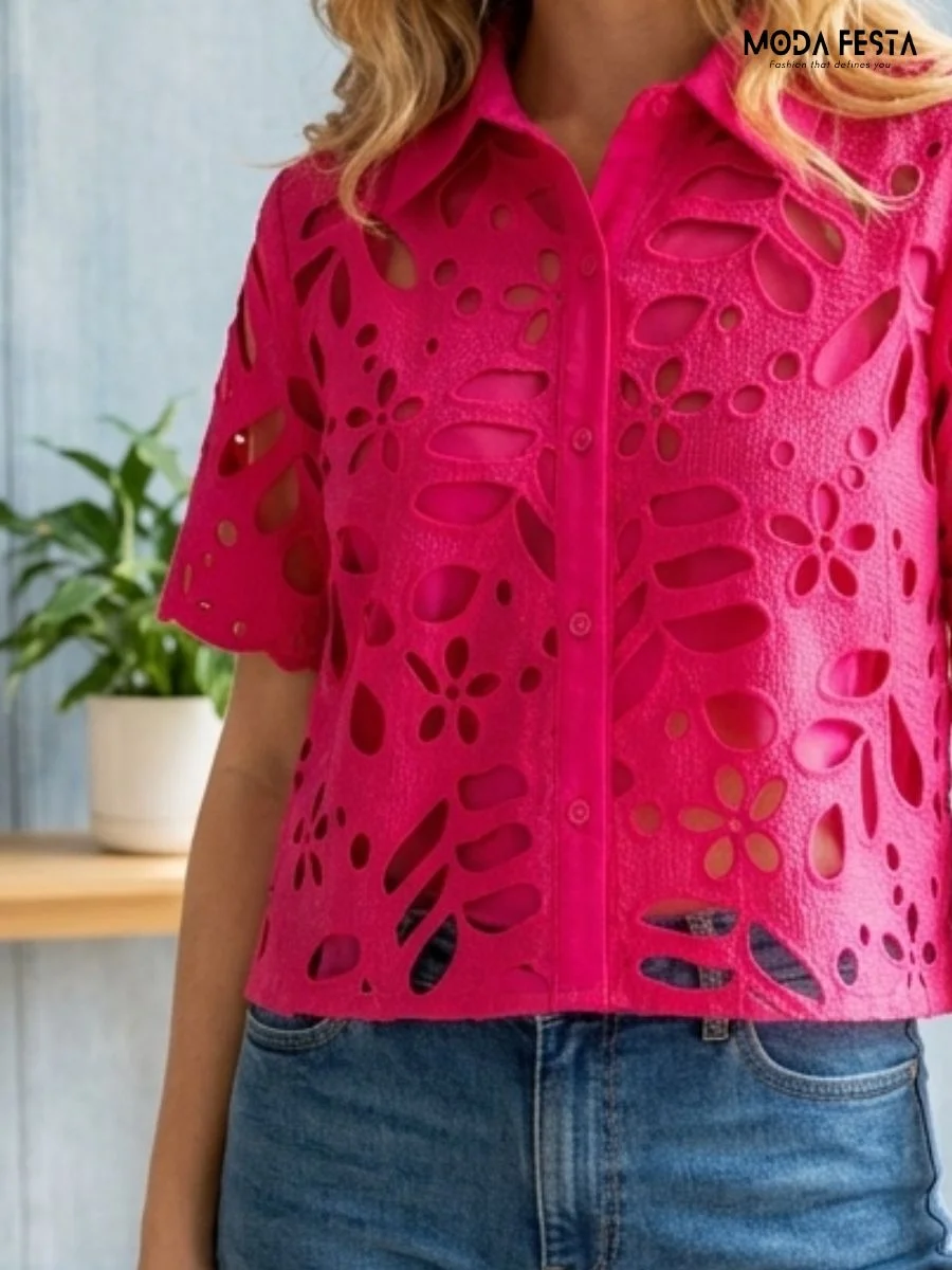 ModaFesta -hot-pink-floral-eyelet-button-down-shirt