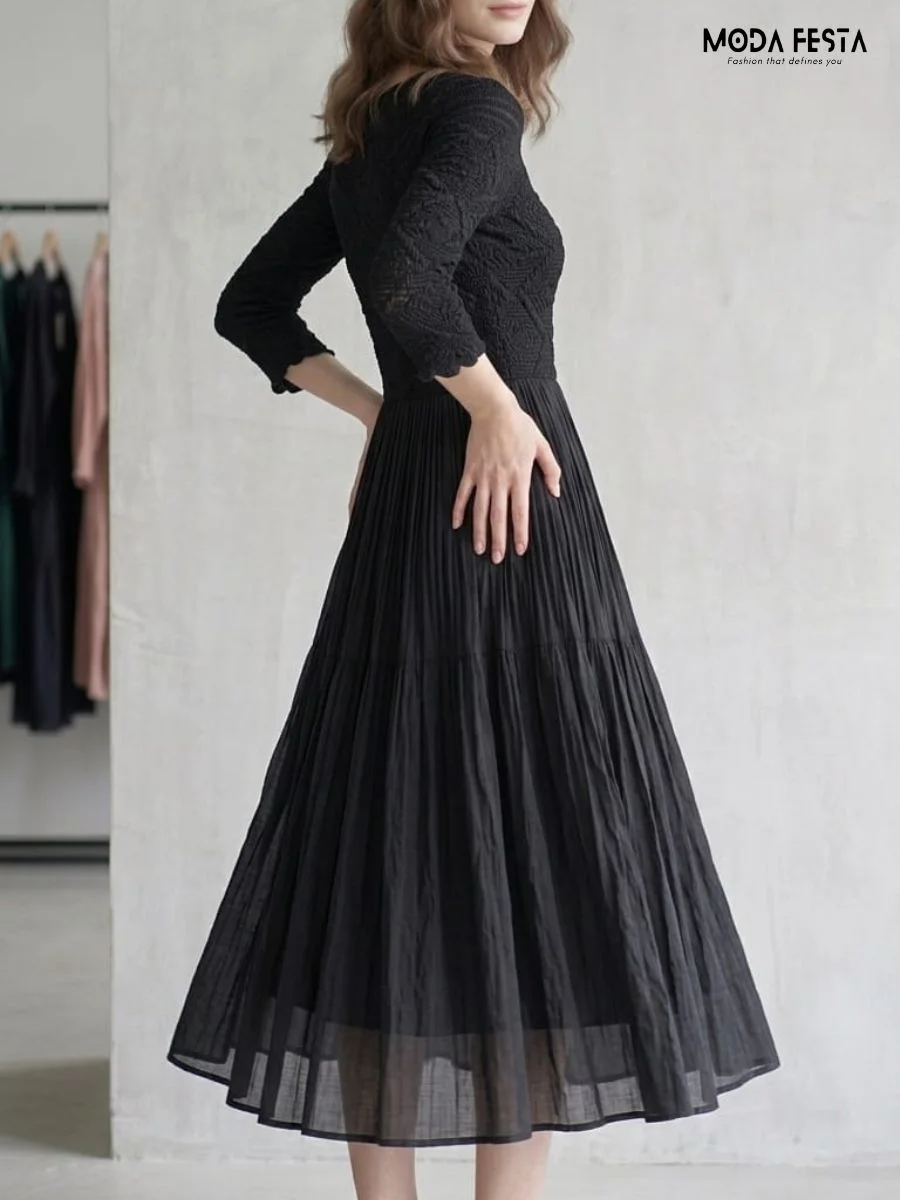 ModaFesta -black-diamond-smocked-bodice-pleated-midi-dress
