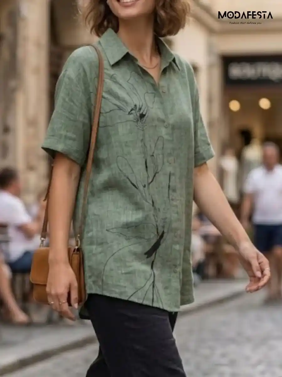 ModaFesta -classy-graphic-floral-long-linen-shirt-green