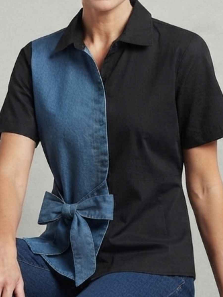 ModaFesta -black-denim-blue-split-design-front-bow-top