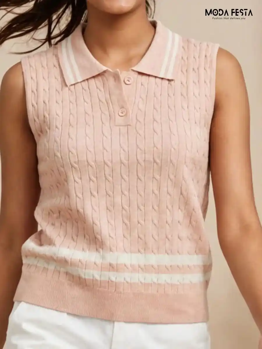 ModaFesta -soft-pink-white-striped-cable-knit-sleeveless-polo-top