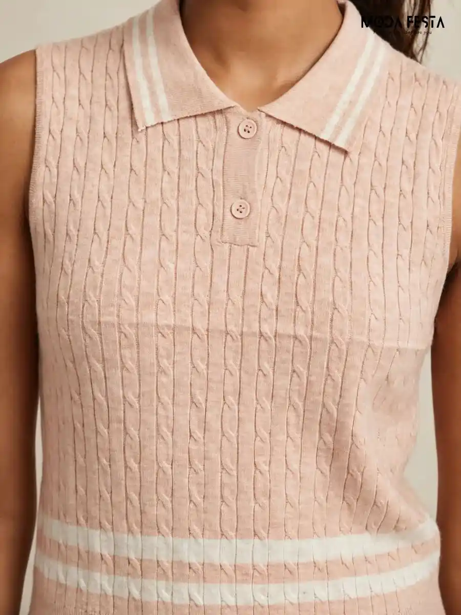 Soft Pink & White Striped Cable Knit Sleeveless Polo Top