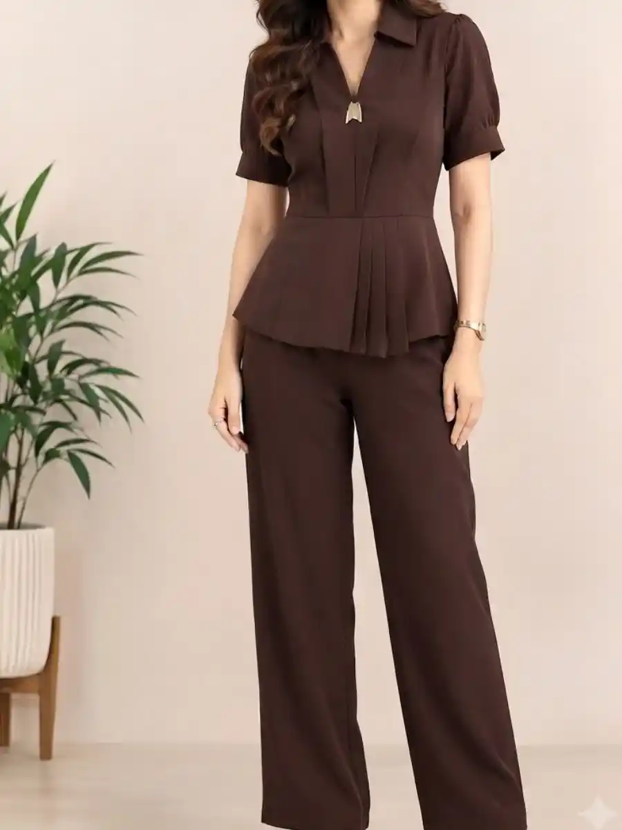 ModaFesta -elegant-solid-brown-pleated-peplum-coord-set
