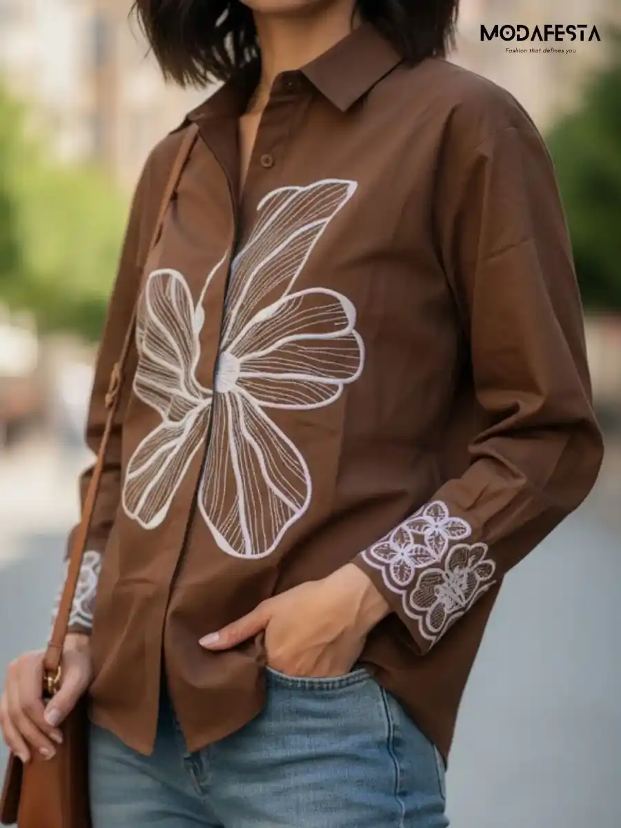 ModaFesta -brown-floral-embroidered-shirt