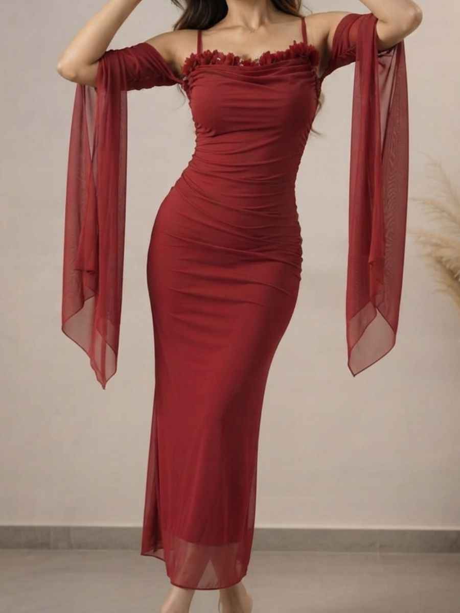 ModaFesta -wine-red-floral-applique-ruched-mesh-maxi-dress-with-sleeves