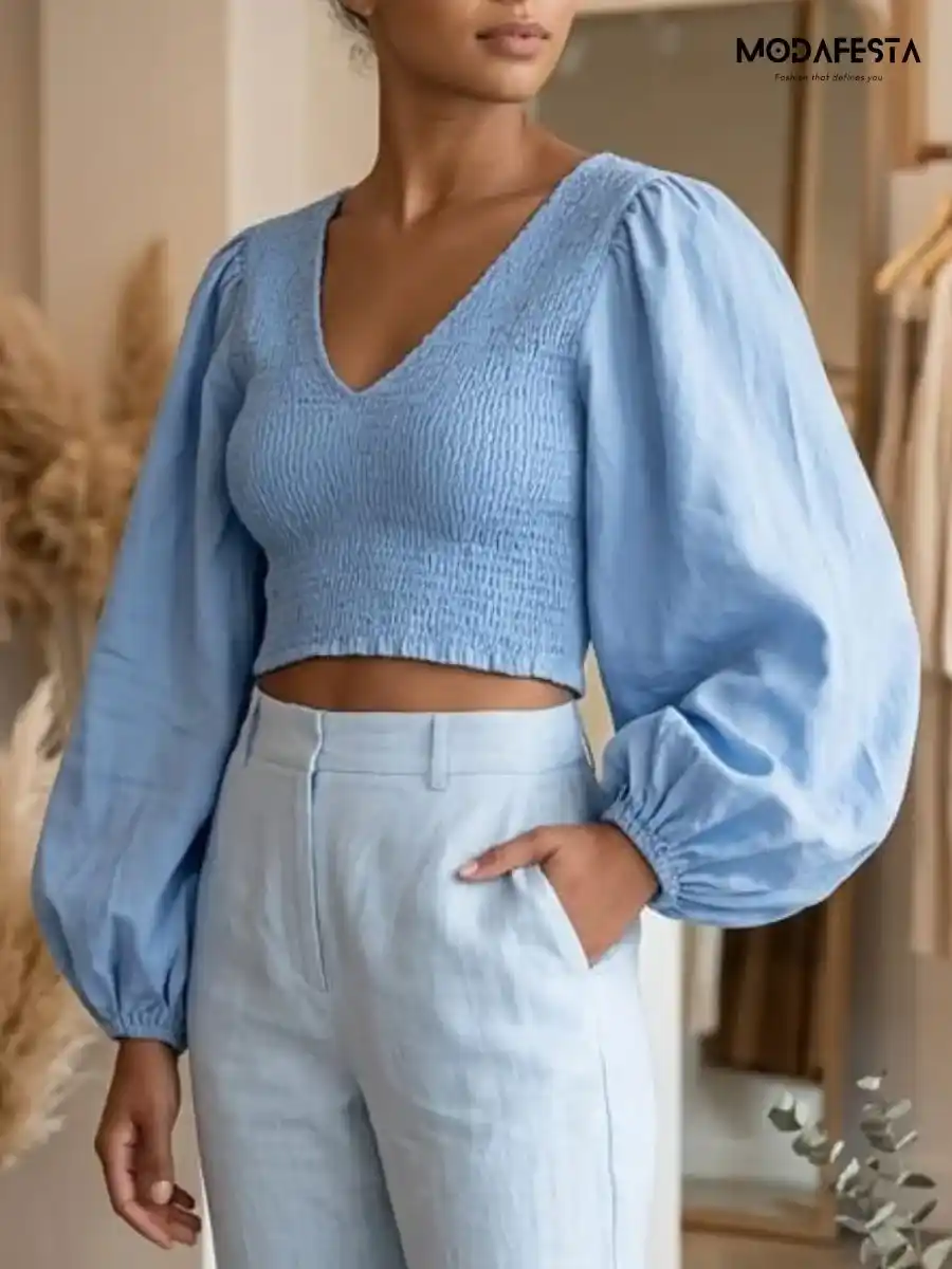 ModaFesta -elegant-v-neck-puff-sleeve-top-sky-blue