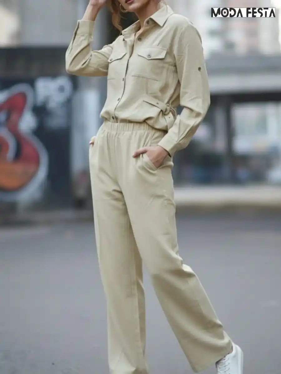 ModaFesta -safari-style-coord-set-with-side-belt-beige
