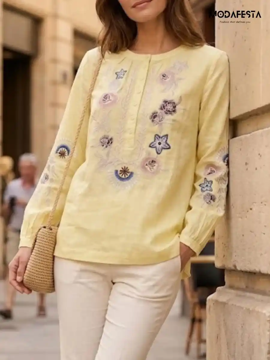 ModaFesta -elegant-floral-linen-kurti-style-top-yellow